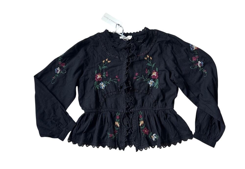 Jennifer & Grace Black Embroidered Peplum Blouse Tie Front Boho Whimsigoth NWT